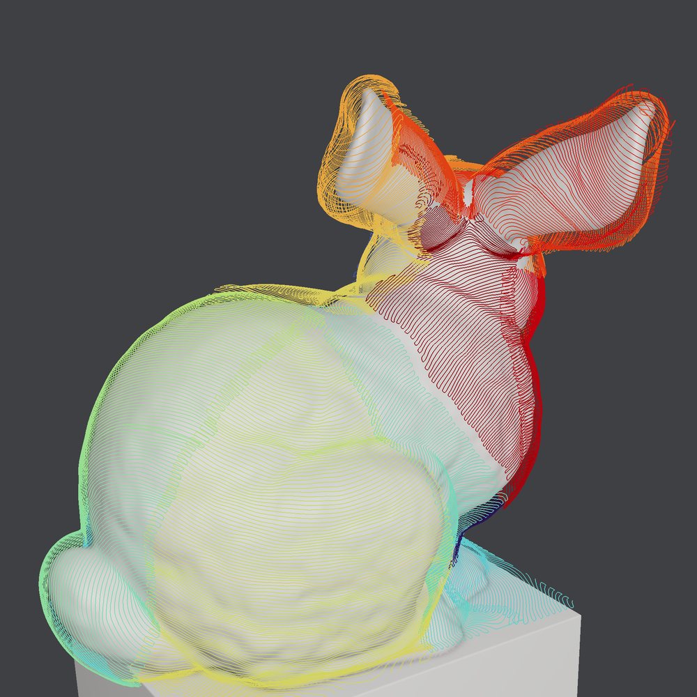Connected finishing toolpaths over the segmented bunny.