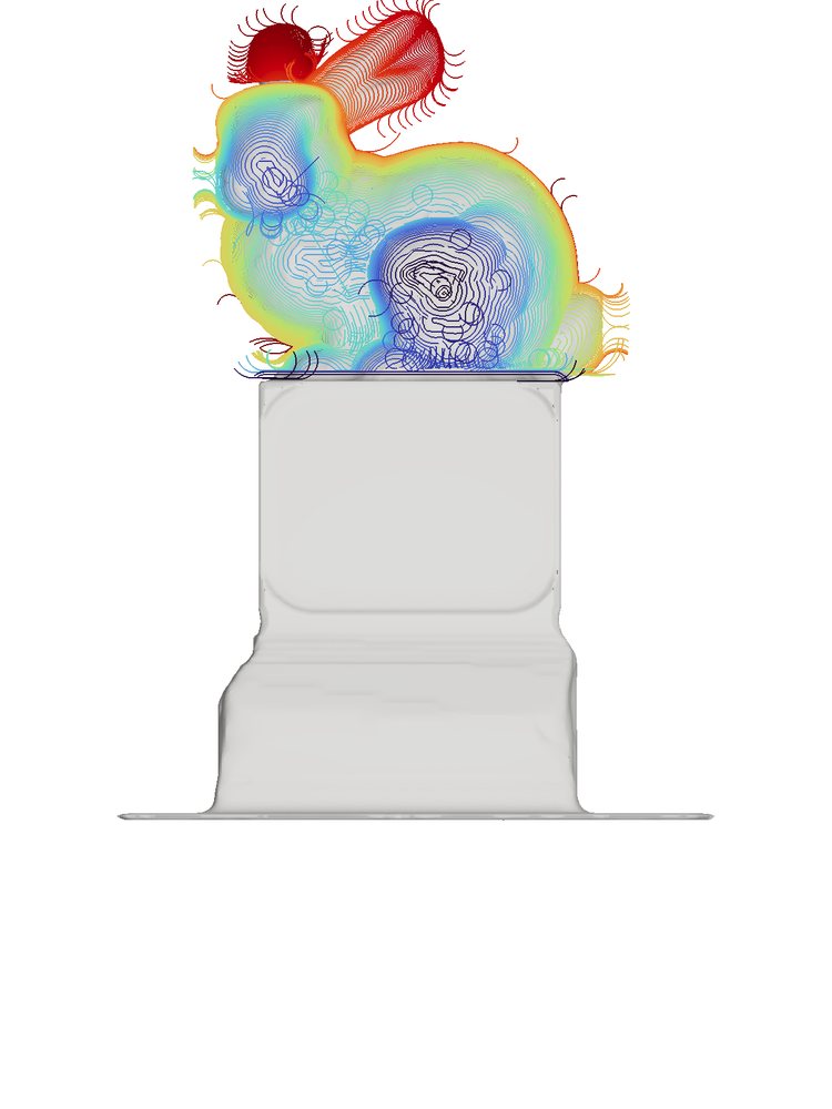 Fine roughing toolpaths around the bunny, front view.