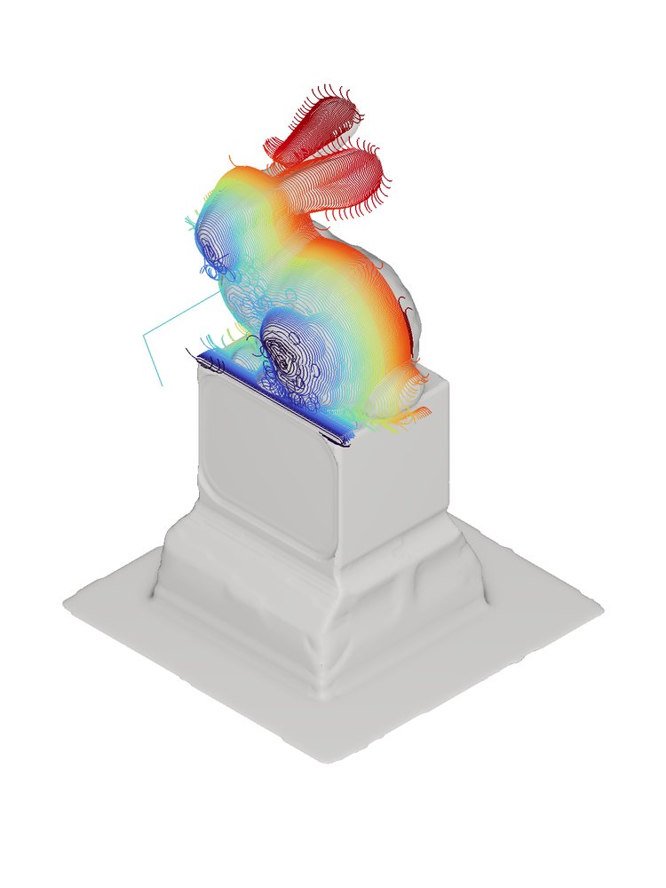 Fine roughing toolpaths around the bunny, three-quarter view.