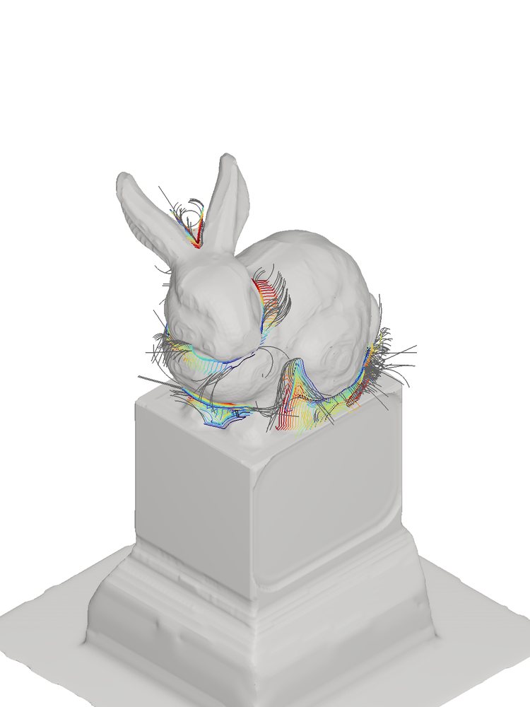 Off-axis roughing toolpaths on tilted planes around the bunny.