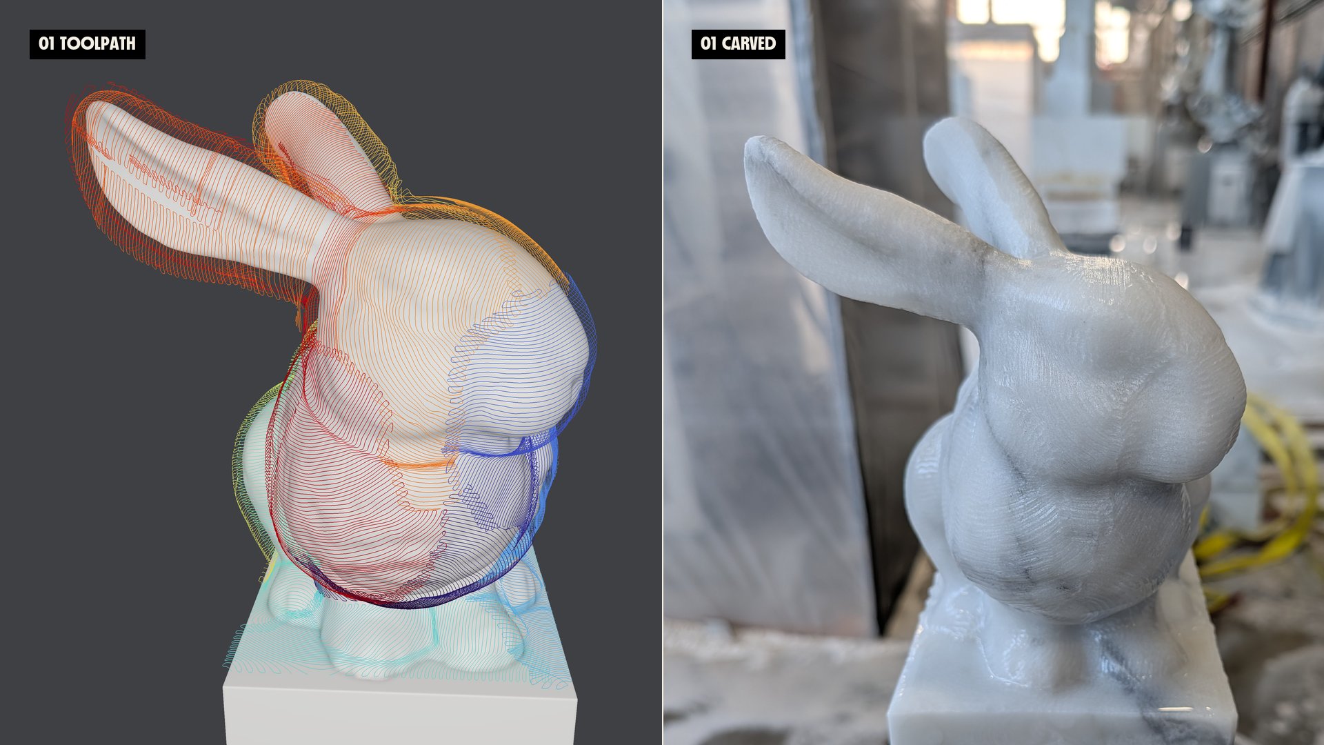 Finishing toolpath on the simulated bunny (left) beside the carved marble bunny from the same angle (right).