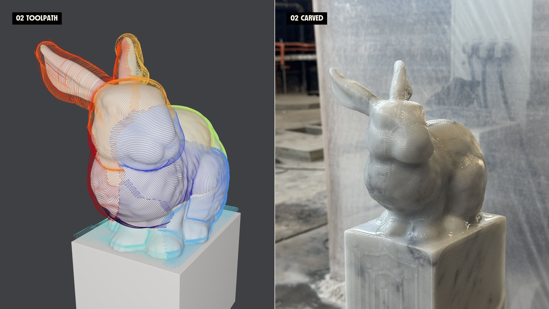 02: finishing toolpath on the simulated bunny (left) beside the carved marble bunny from the same angle (right).