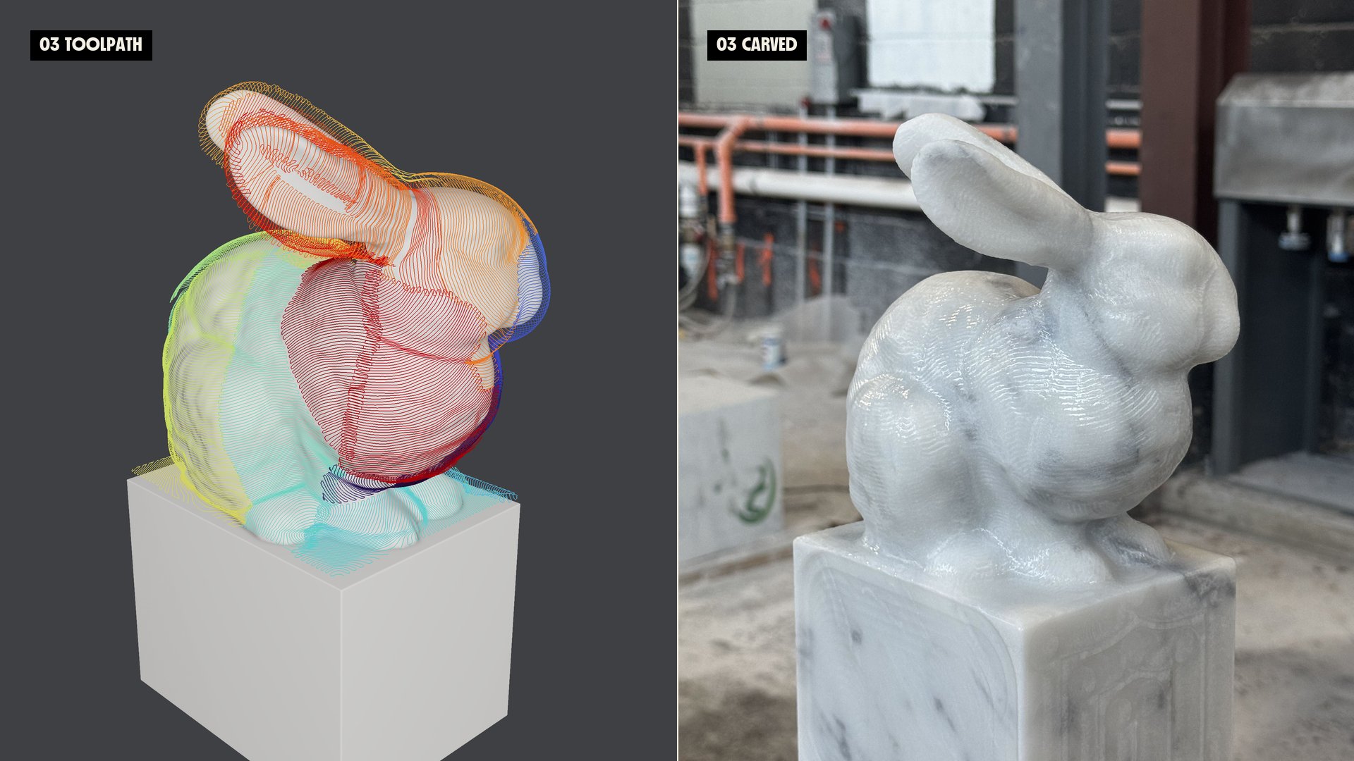 03: finishing toolpath on the simulated bunny (left) beside the carved marble bunny from the same angle (right).