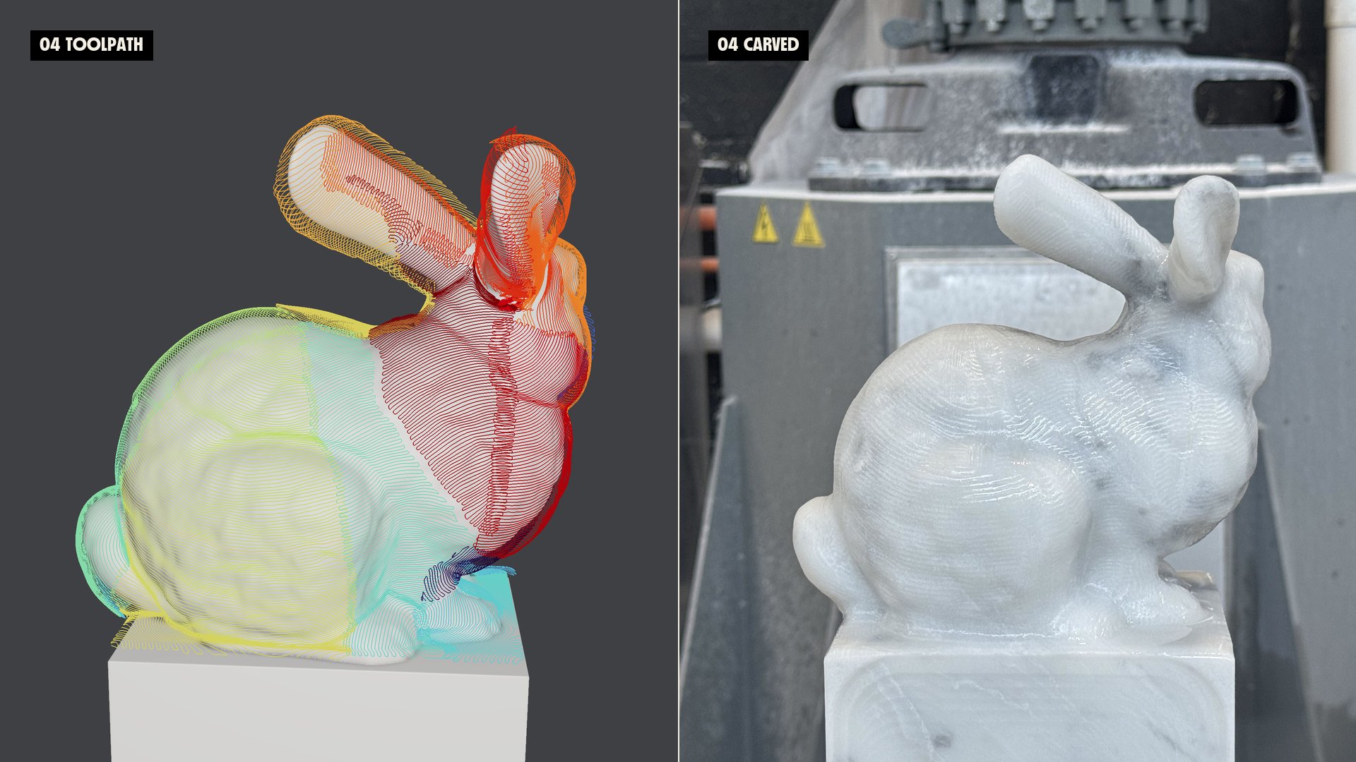 04: finishing toolpath on the simulated bunny (left) beside the carved marble bunny from the same angle (right).