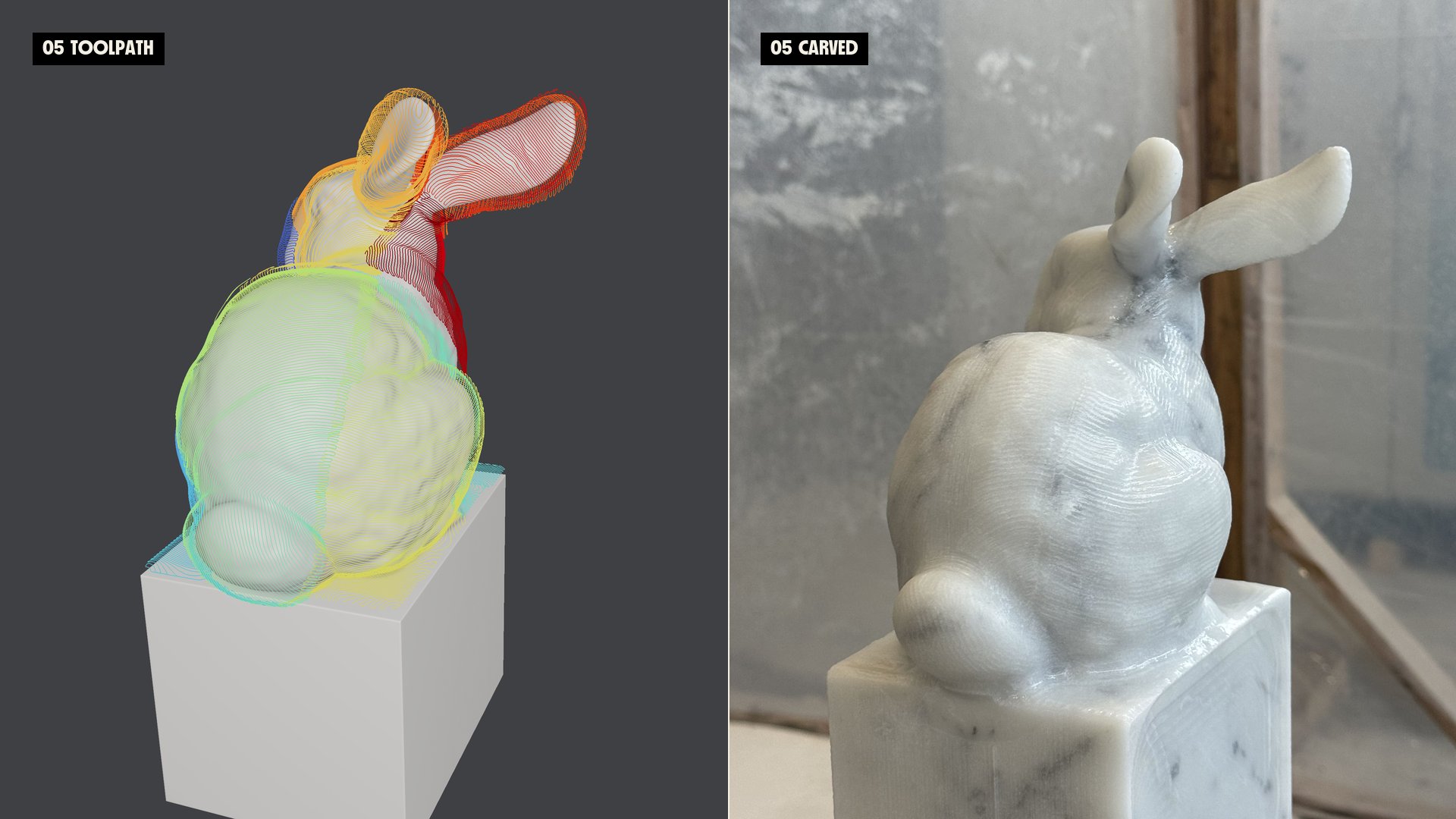 05: finishing toolpath on the simulated bunny (left) beside the carved marble bunny from the same angle (right).