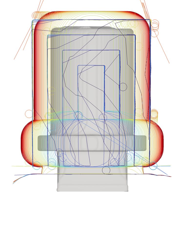 Front view of roughing toolpaths wrapped around the top hat shape.