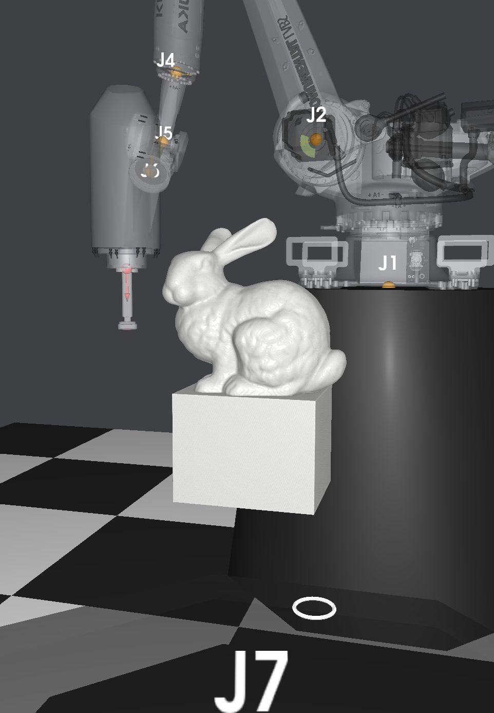 Simulated Stanford bunny emerging from the top hat on a pedestal.
