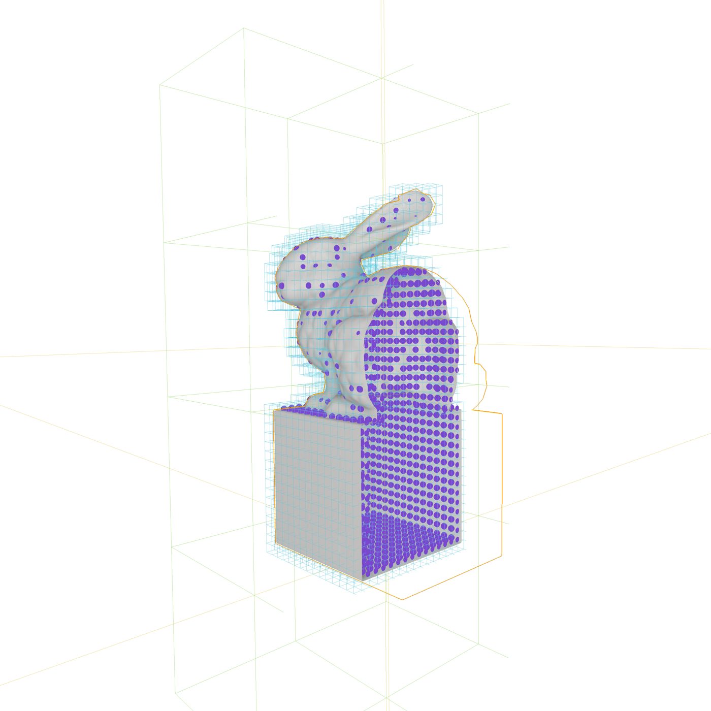 Voxelized bunny and block inside a bounding volume.